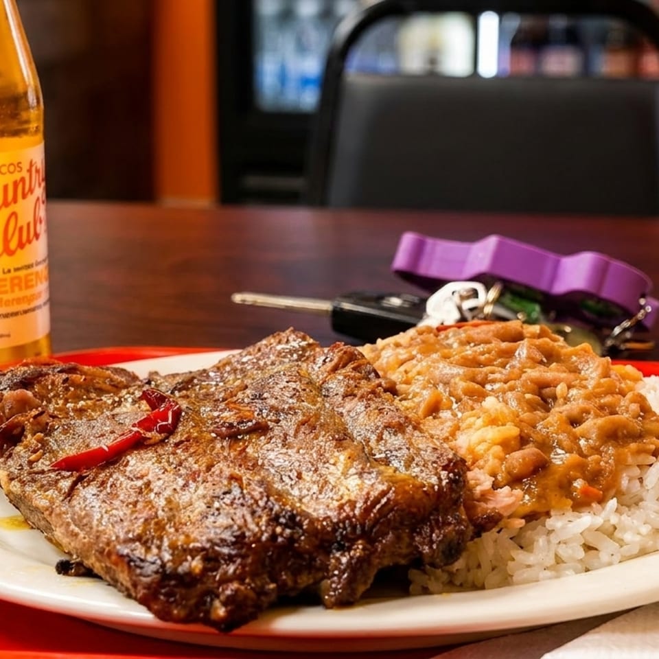 Grilled steak with rice and beans, a Country Club soda, and keys on a red tray.
