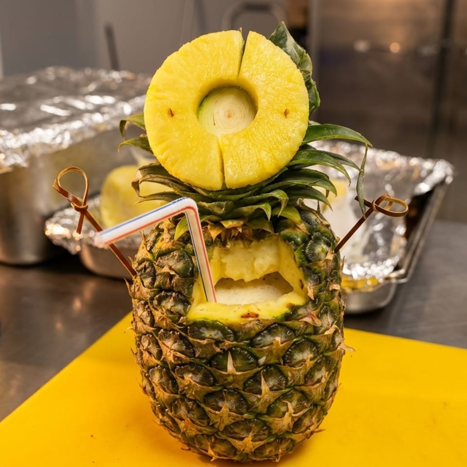 A carved pineapple drink with a straw and pineapple slice garnish on a yellow cutting board.