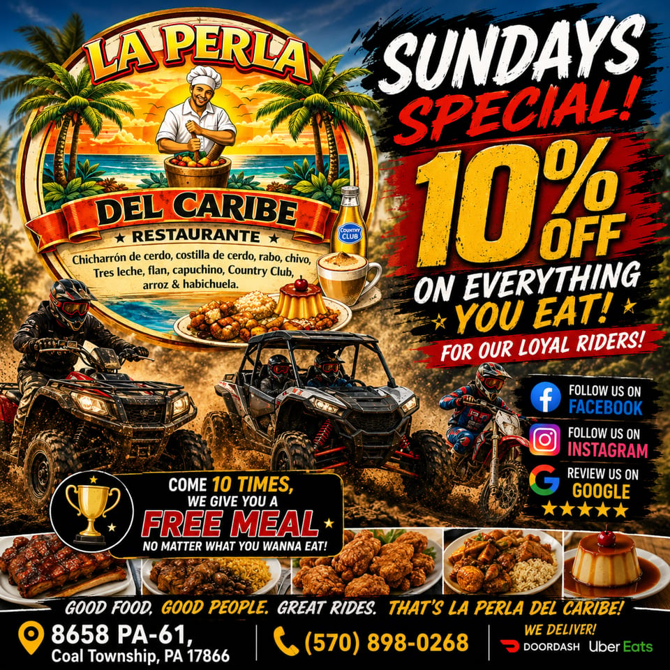 La Perla Del Caribe ad featuring Caribbean food, a chef, and people enjoying off-road vehicle rides.
