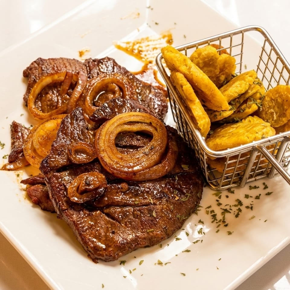 Steak with caramelized onions and a side of fried plantains in a metal basket.