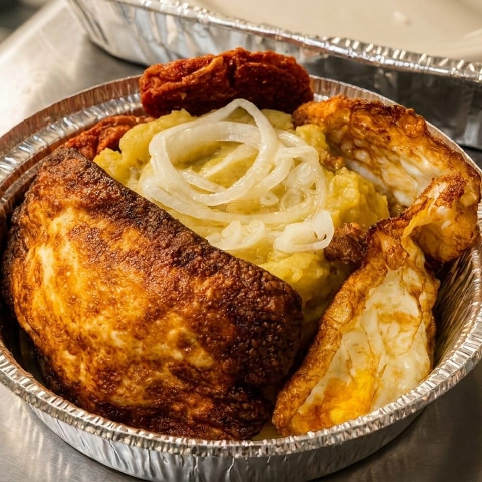 Mofongo with fried chicken, fried eggs, and red sauce in a foil container.