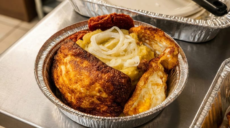 Mofongo with fried chicken, fried eggs, and red sauce in a foil container.