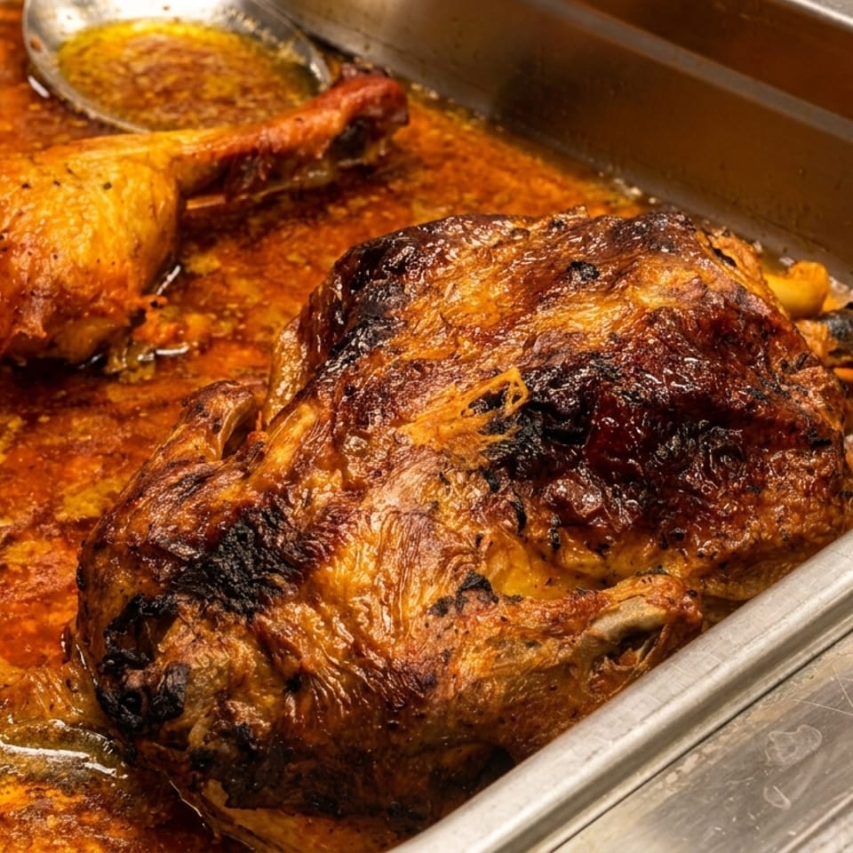 Roasted whole chicken and drumsticks in a metal pan with rich orange sauce.