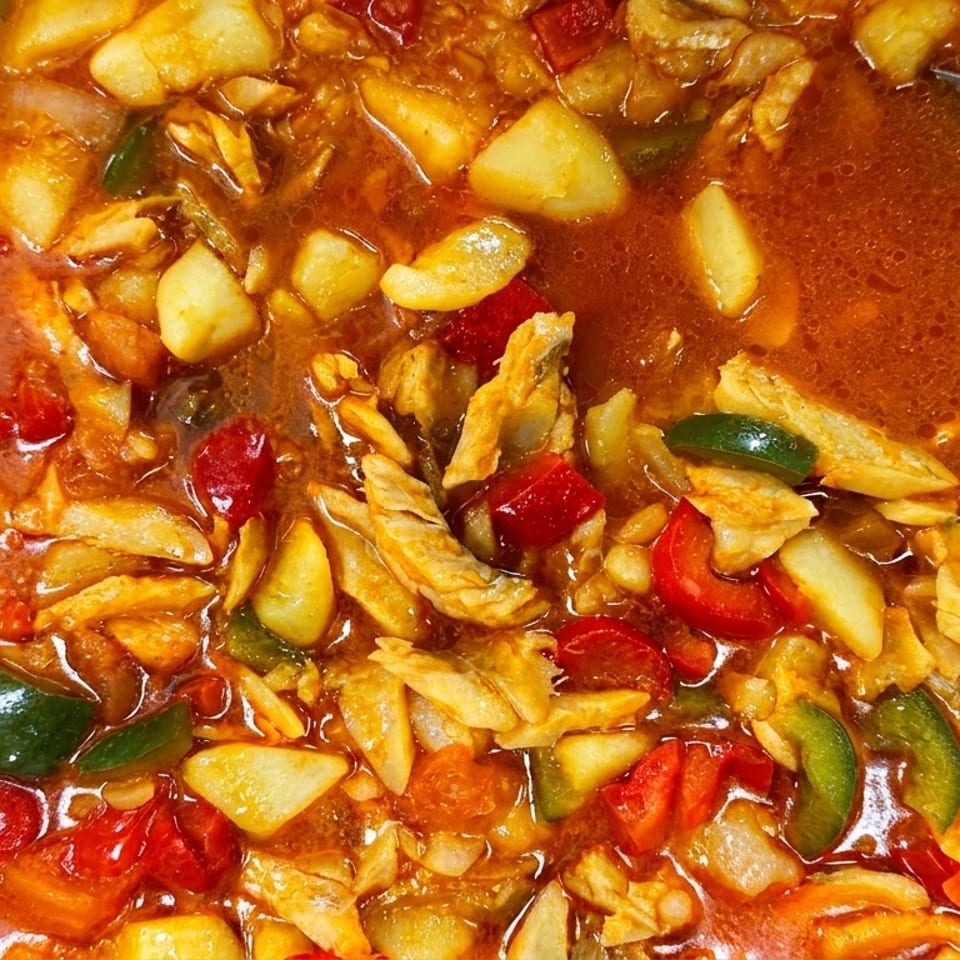 Chicken and potato stew with red and green bell peppers in a serving dish with a spoon.
