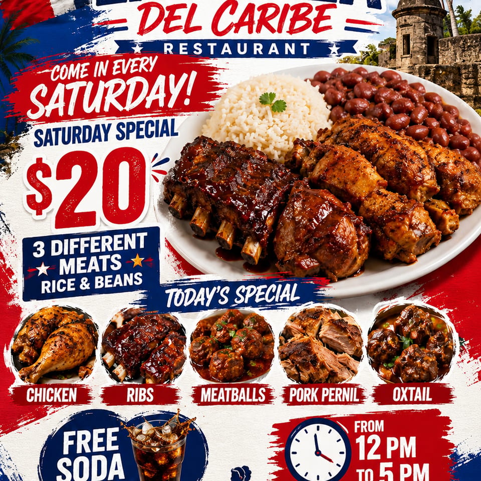 La Perla del Caribe ad featuring a large plate of Dominican rice, beans, ribs, and chicken.
