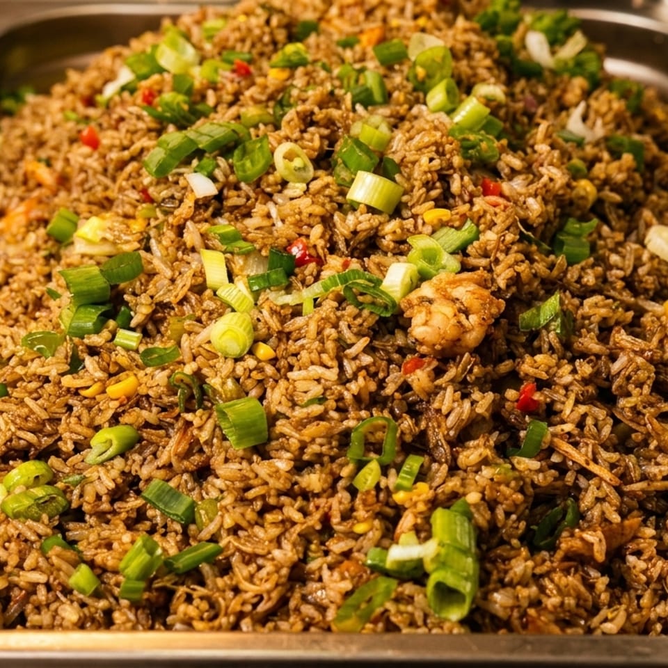 Close-up of a large metal tray filled with shrimp fried rice, garnished with green onions.